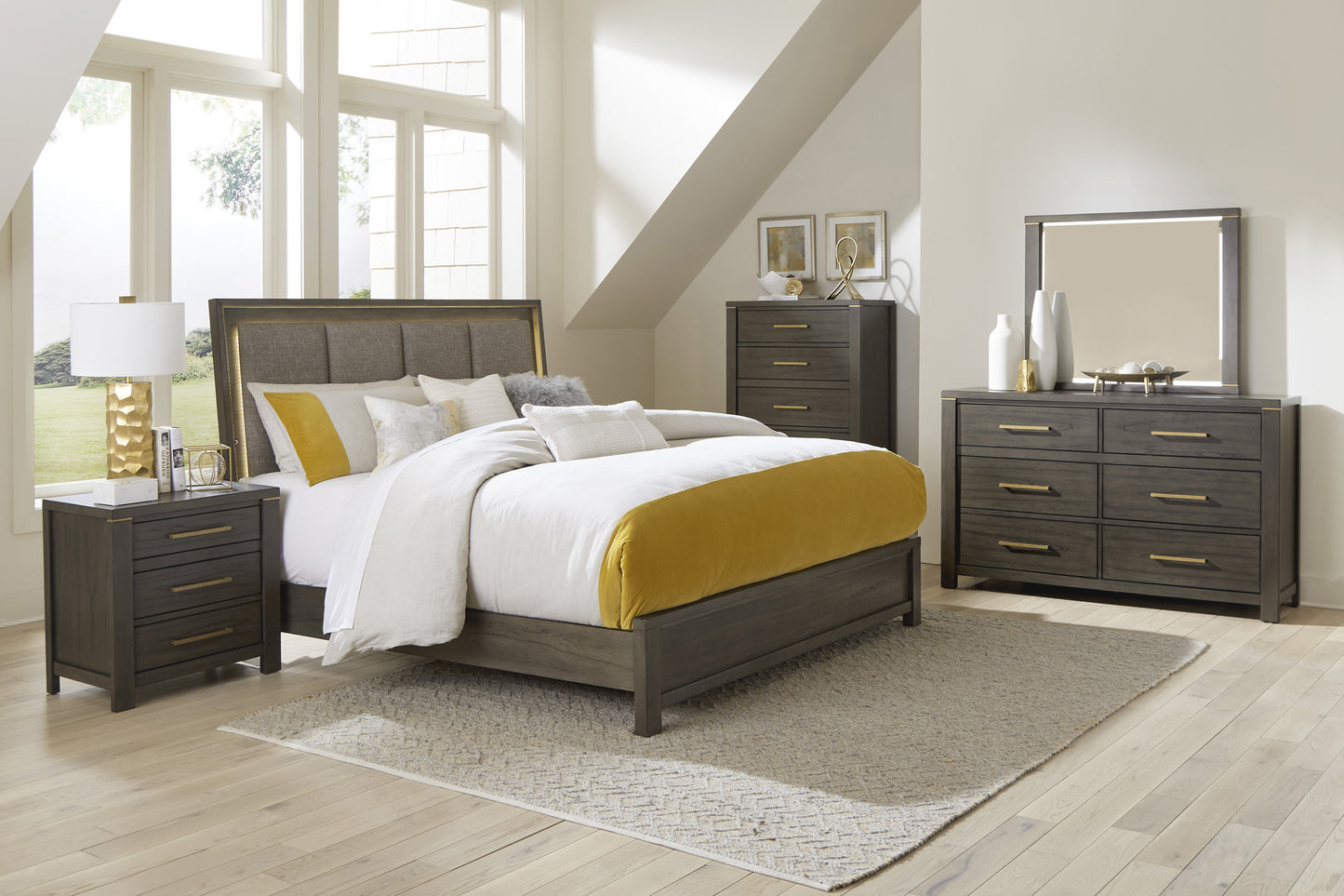 KING BROWNISH GRAY W/GOLD ACCENT & BACKLIT HEADBOARD BEDROOM (B,D,M,N)
