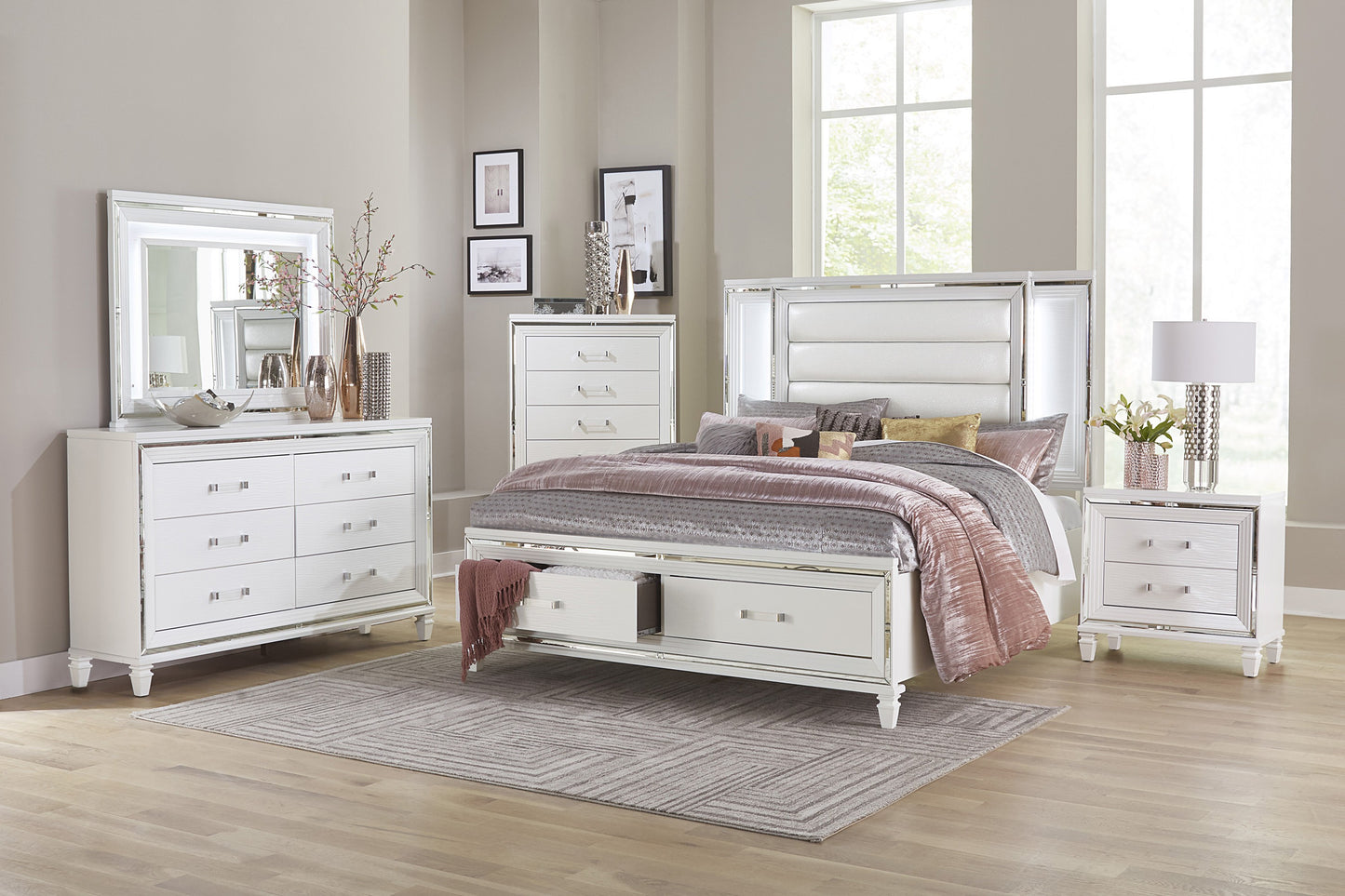 TAMSIN COLLECTION QUEEN PLATFORM/STORAGE 4PC BEDROOM SET WHITE (B,D,M,N)