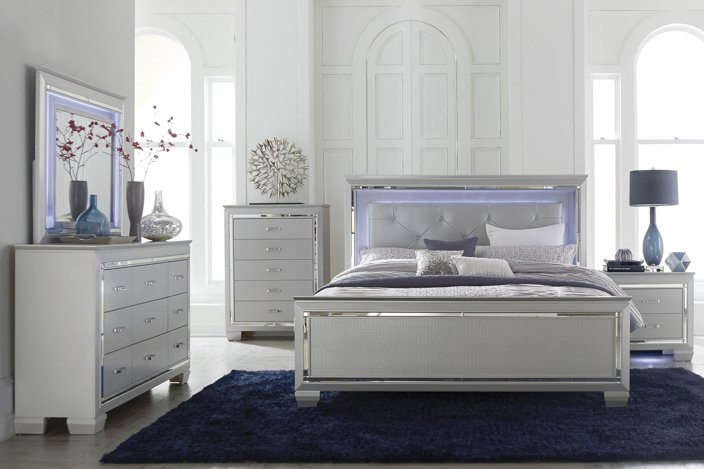 ALLURA COLLECTION KING 4 PC BEDROOM SET (B,D,M,N) SILVER