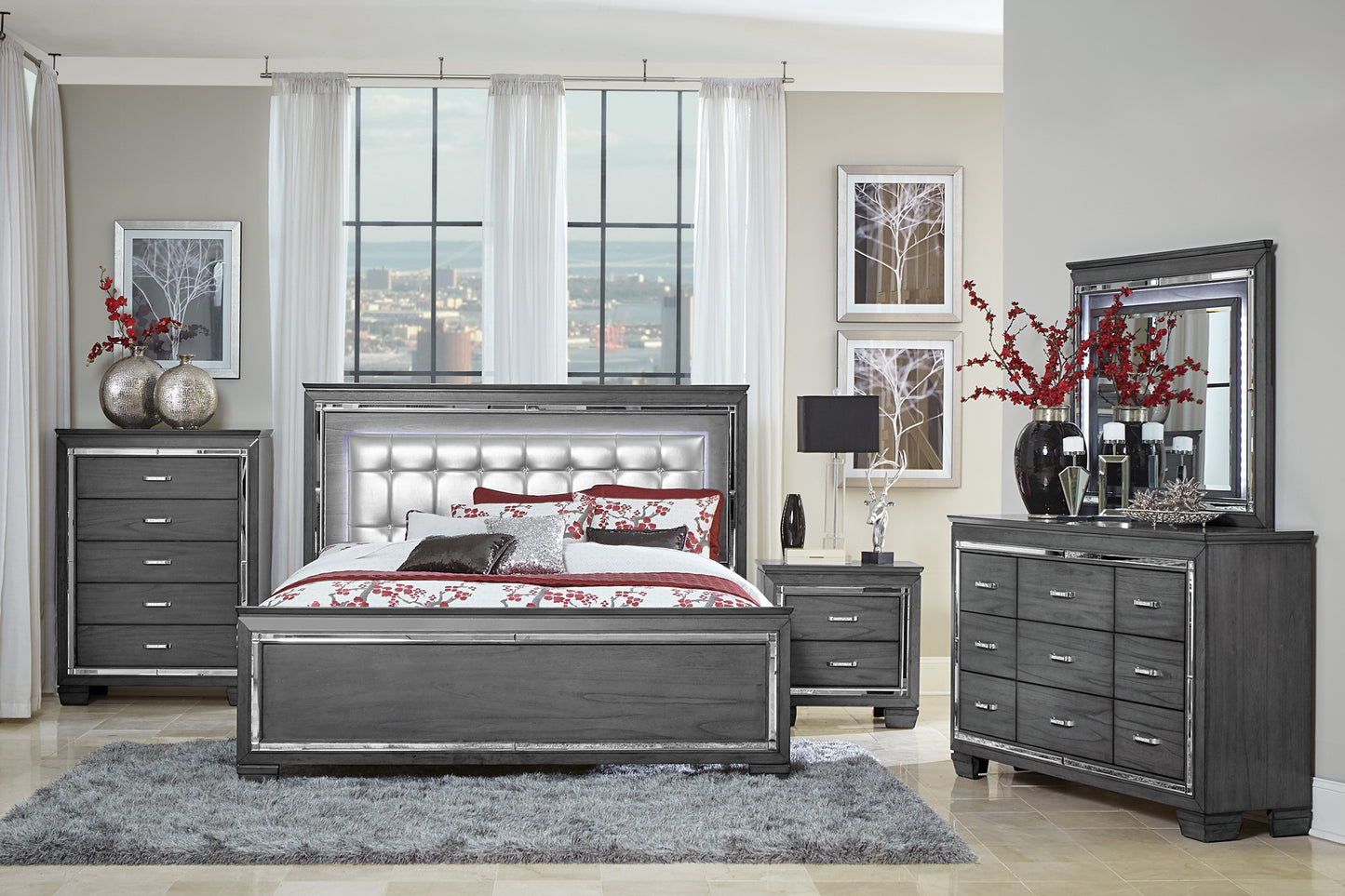ALLURA COLLECTION QUEEN 4 PC BEDROOM SET (B,D,M,N) GRAY