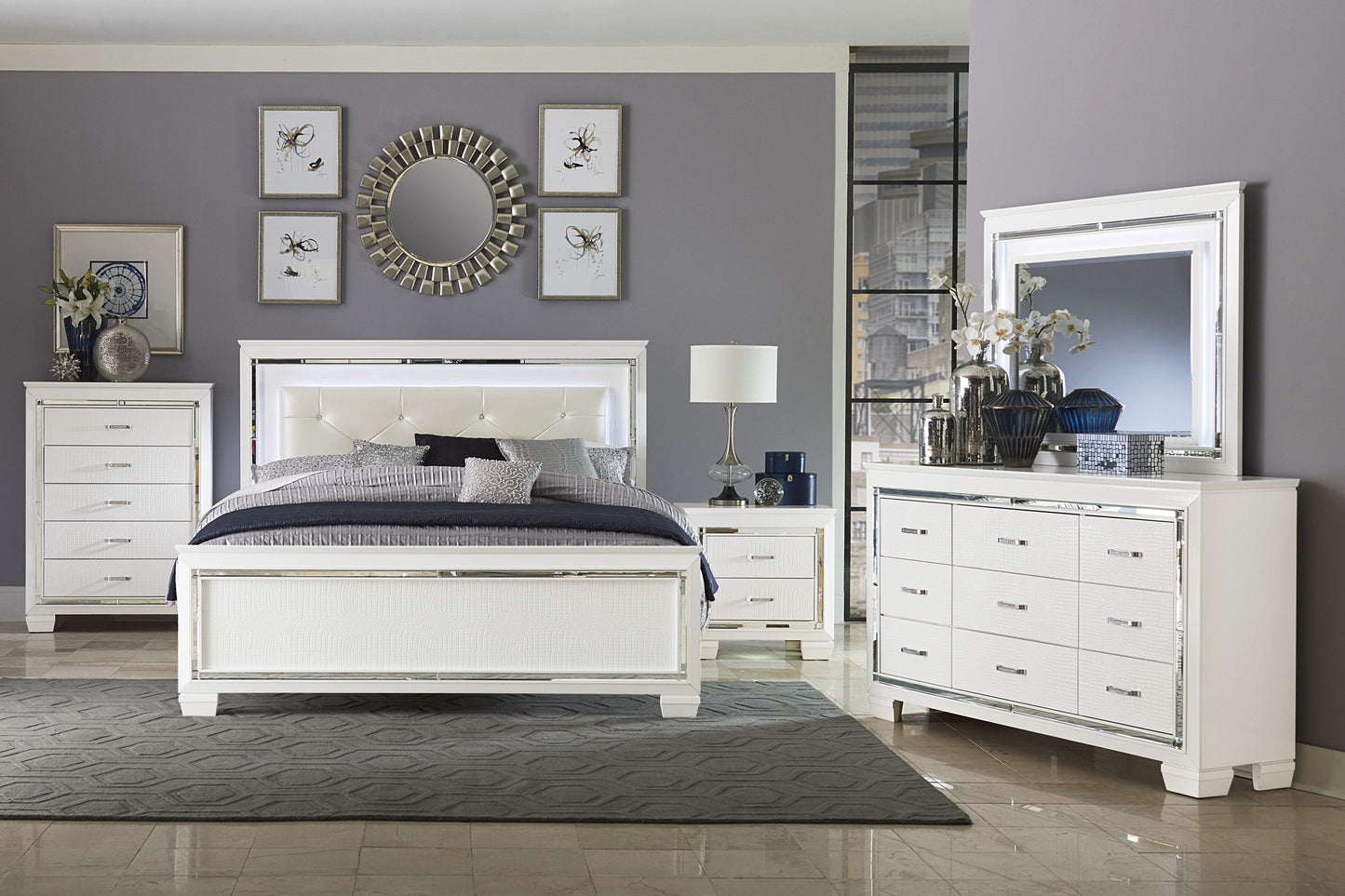 ALLURA COLLECTION QUEEN 4 PC WHITE BEDROOM SET (B,D,M,N)