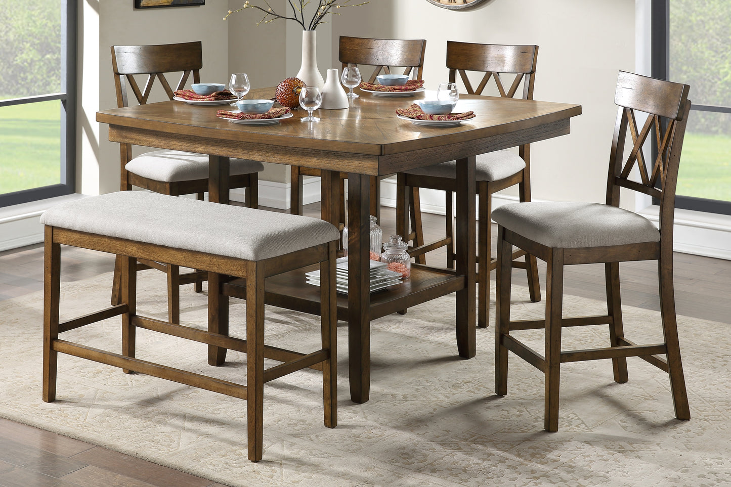 BALIN COLLECTION 6PC OAK & BEIGE SQUARE DINING SET W/LAZY SUSAN