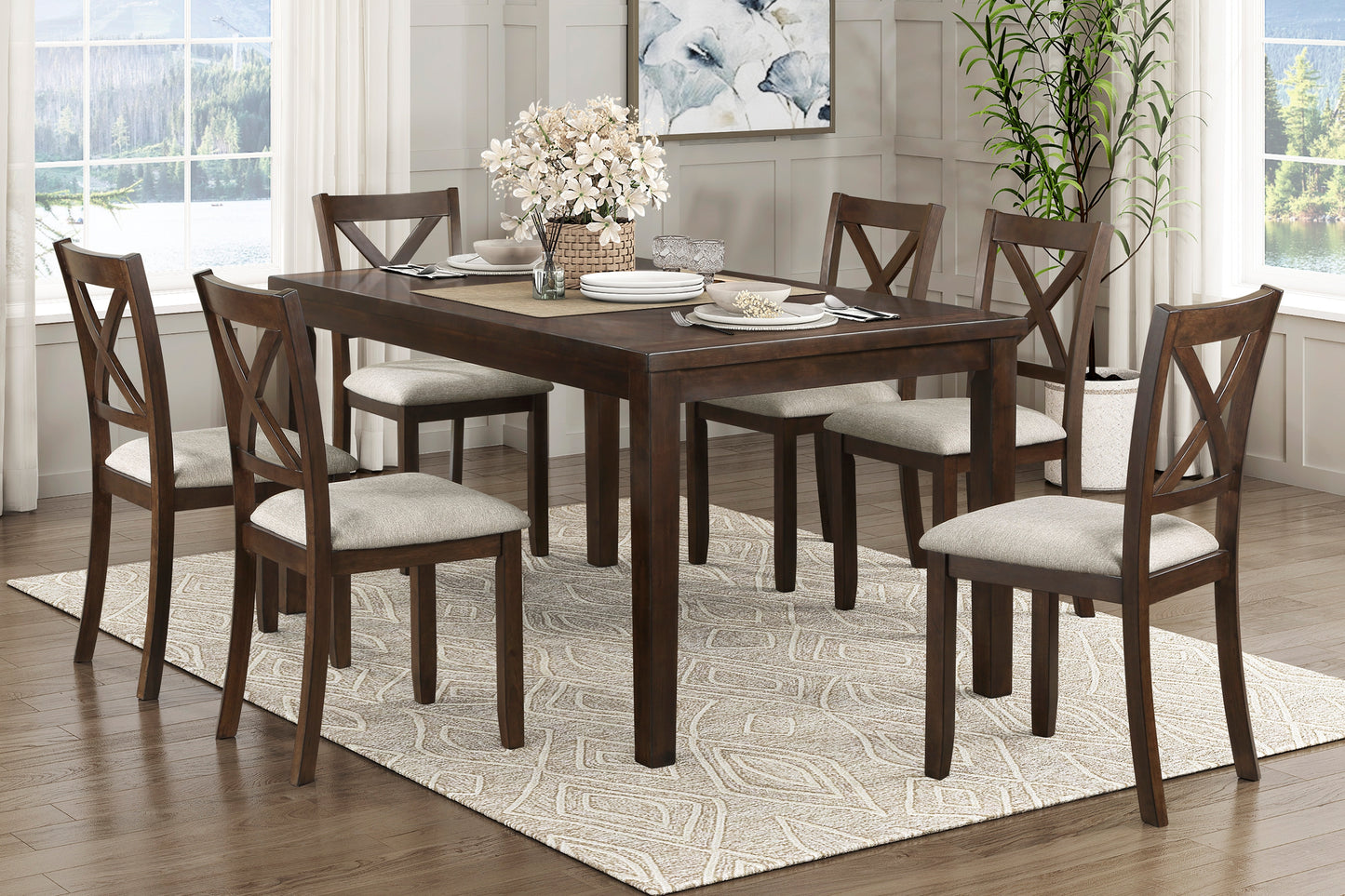 CHALLIS COLLECTION 7PC DARK CHERRY & BEIGE DINING SET