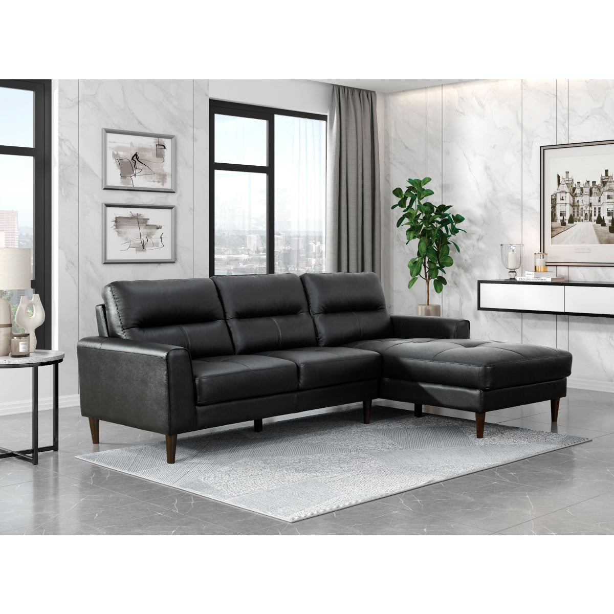 LEWES COLLECTION BLACK GENUINE LEATHER SECTIONAL