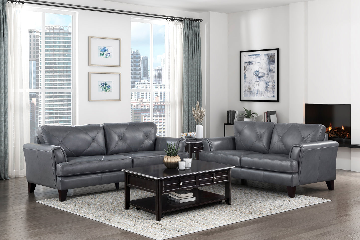 THIERRY COLLECTION 2PC SOFA AND LOVESEAT GENUINE LEATHER GRAY