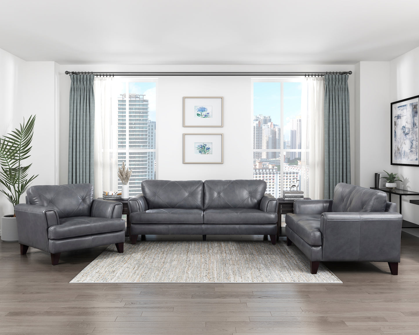 THIERRY COLLECTION 3PC SOFA, LOVESEAT AND CHAIR GENUINE LEATHER GRAY