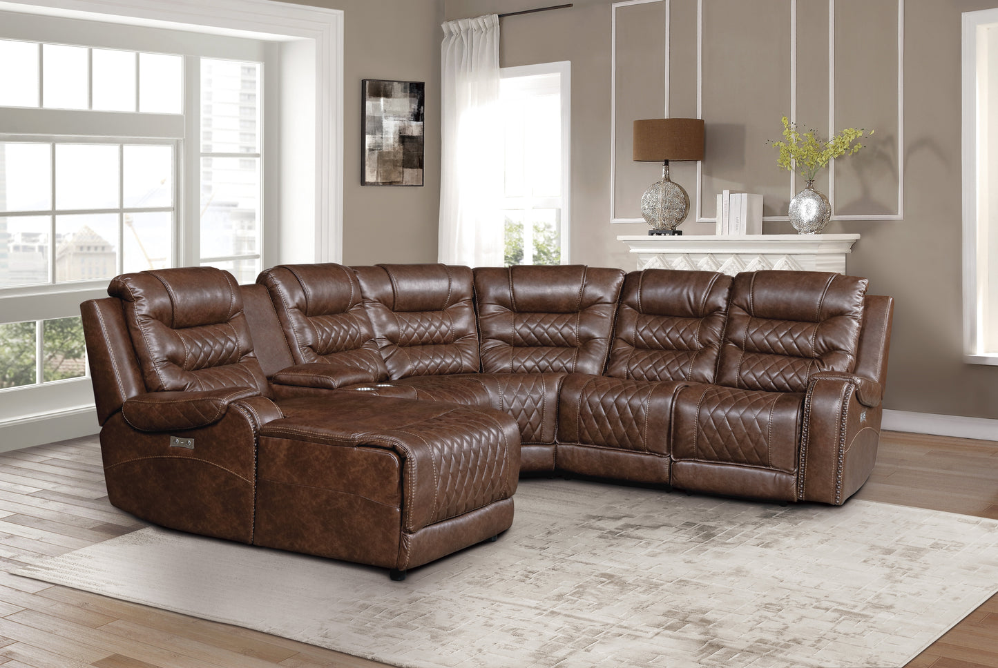 PUTNAM COLLECTION 6-PIECE MODULAR POWER RECLINING SECTIONAL WITH LEFT CHAISE BROWN