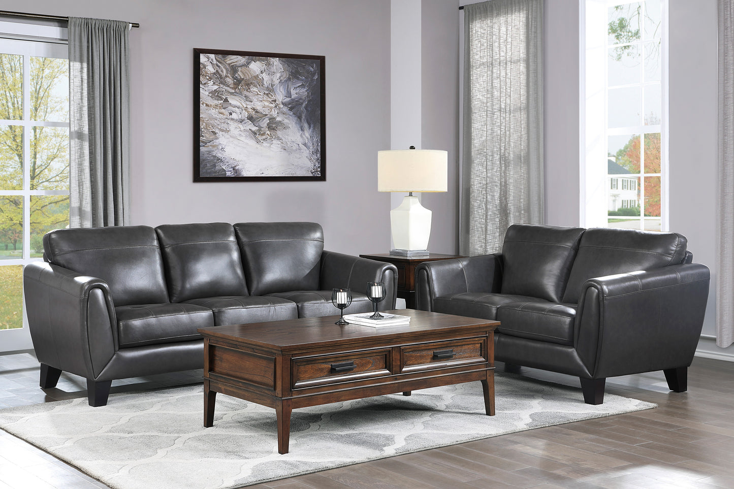 SPIVEY COLLECTION 2PC DARK GRAY TOP GRAIN LEATHER SOFA AND LOVESEAT