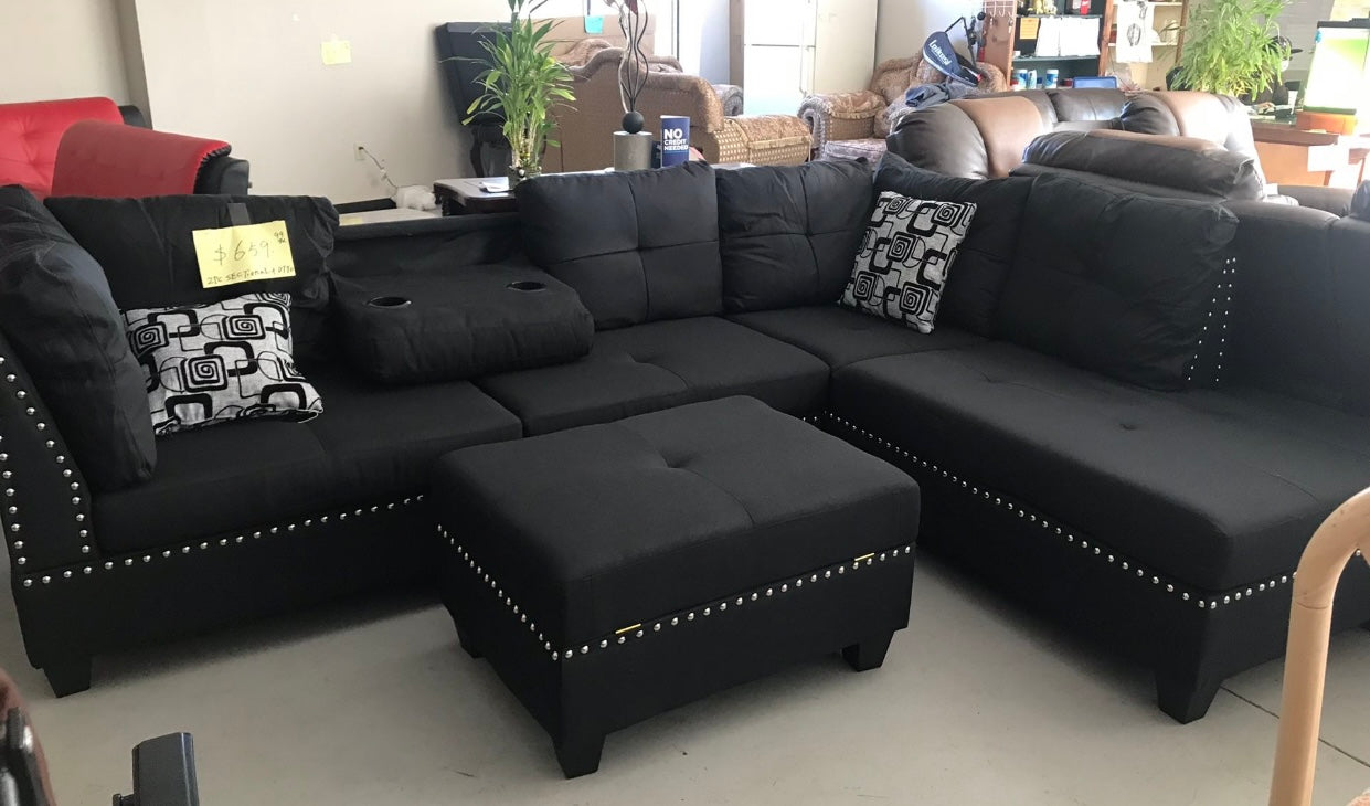 #2888 BLACK LINEN-LIKE SECTIONAL WITH NAIL HEAD & STORAGE OTTOMAN