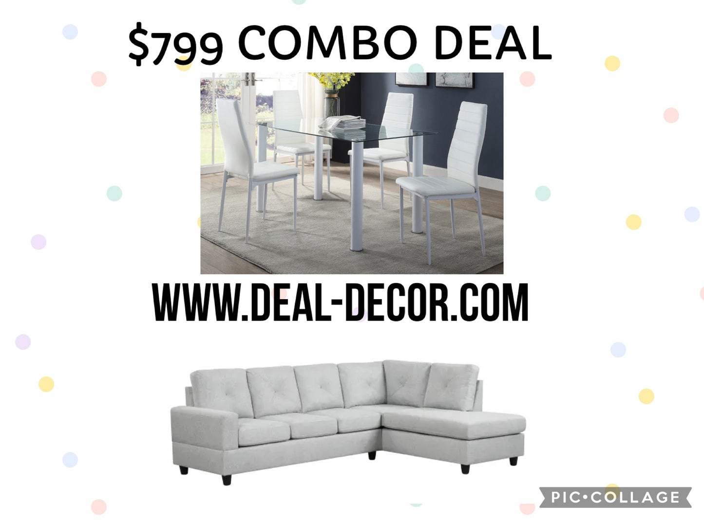 COMBO LIGHT GRAY DESMOND SECTIONAL & 5PC WHITE DINING SET