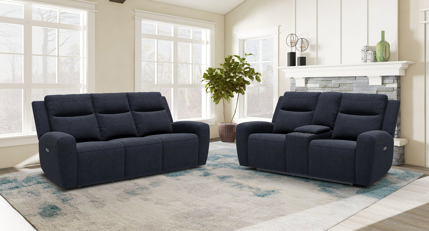 MADDOX COLLECTION CHARCOAL FABRIC POWER RECLINING SOFA AND LOVESEAT WITH USB