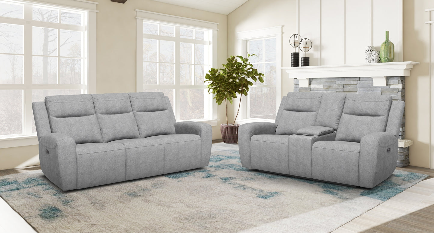 MADDOX COLLECTION GRAY FABRIC POWER RECLINING SOFA AND LOVESEAT WITH USB