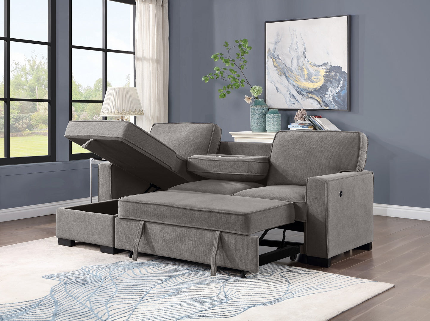 GRAY SLEEPER SECTIONAL WITH STORAGE & CUPHOLDER