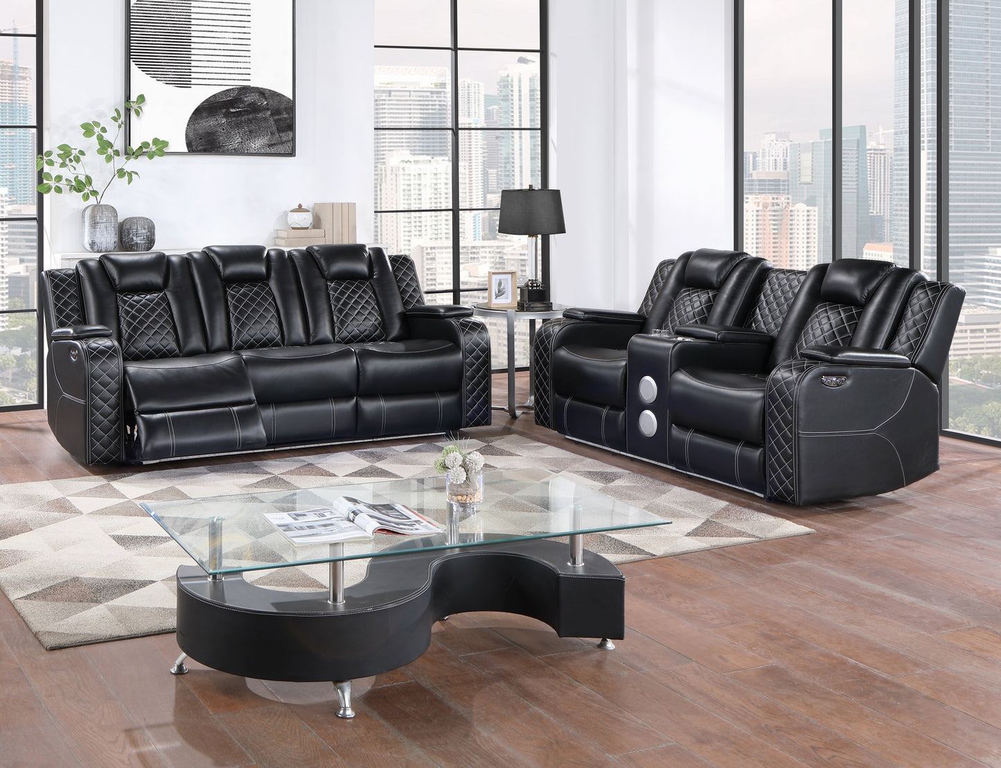 RADIANT COLLECTION BLACK HI-TECH POWER RECLINING 2 PC SOFA AND LOVESEAT WITH LED & SPEAKERS