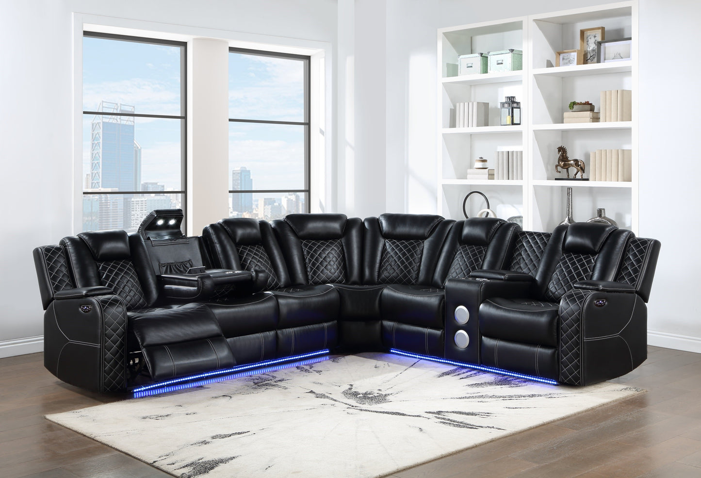 RADIANT COLLECTION BLACK HI-TECH POWER RECLINING SECTIONAL WITH LED & SPEAKERS