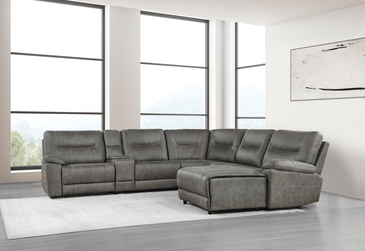 RHETT COLLECTION GRAY POLISHED MICROFIBER POWER RECLINING SECTIONAL