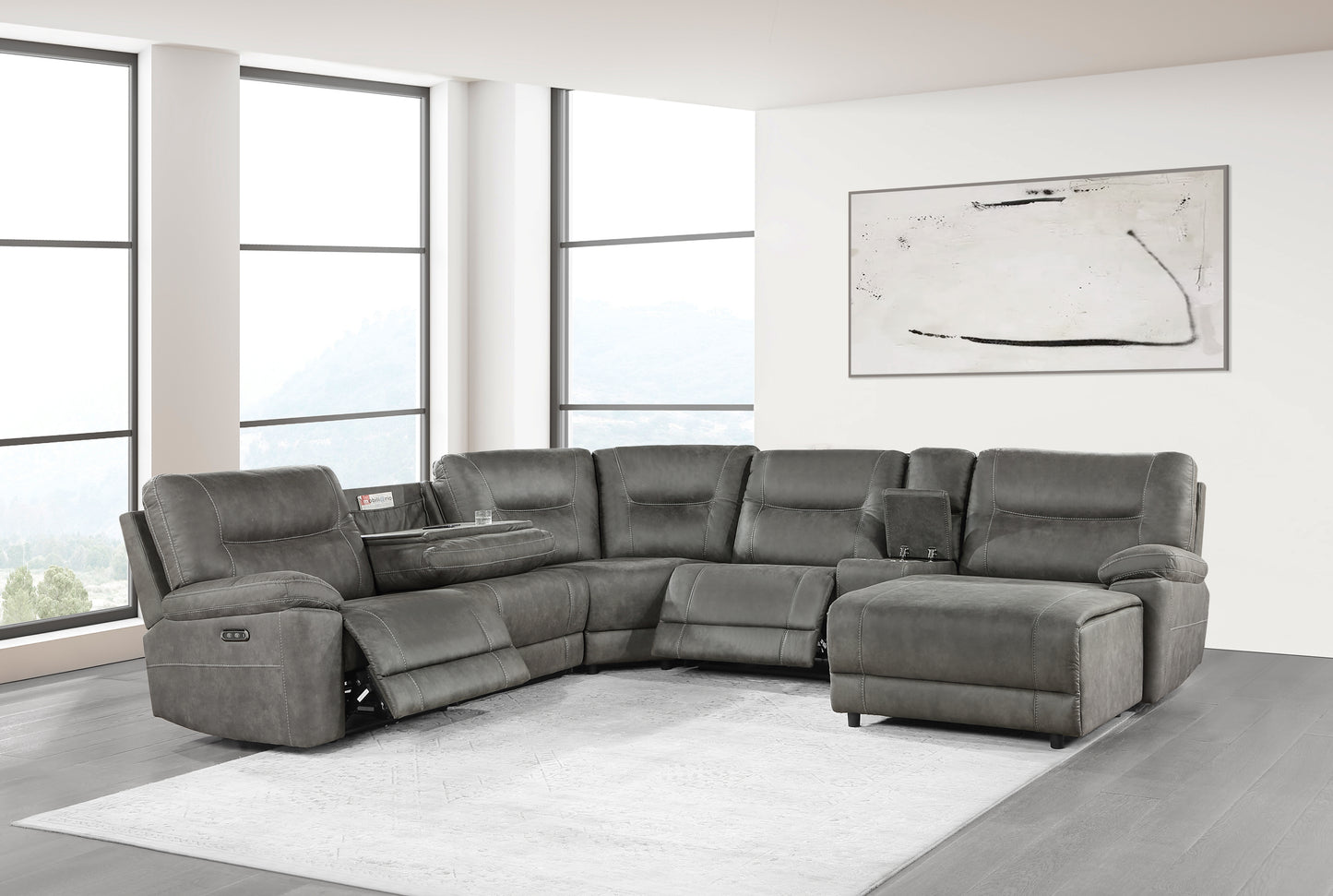 RHETT COLLECTION GRAY POLISHED MICROFIBER POWER RECLINING SECTIONAL