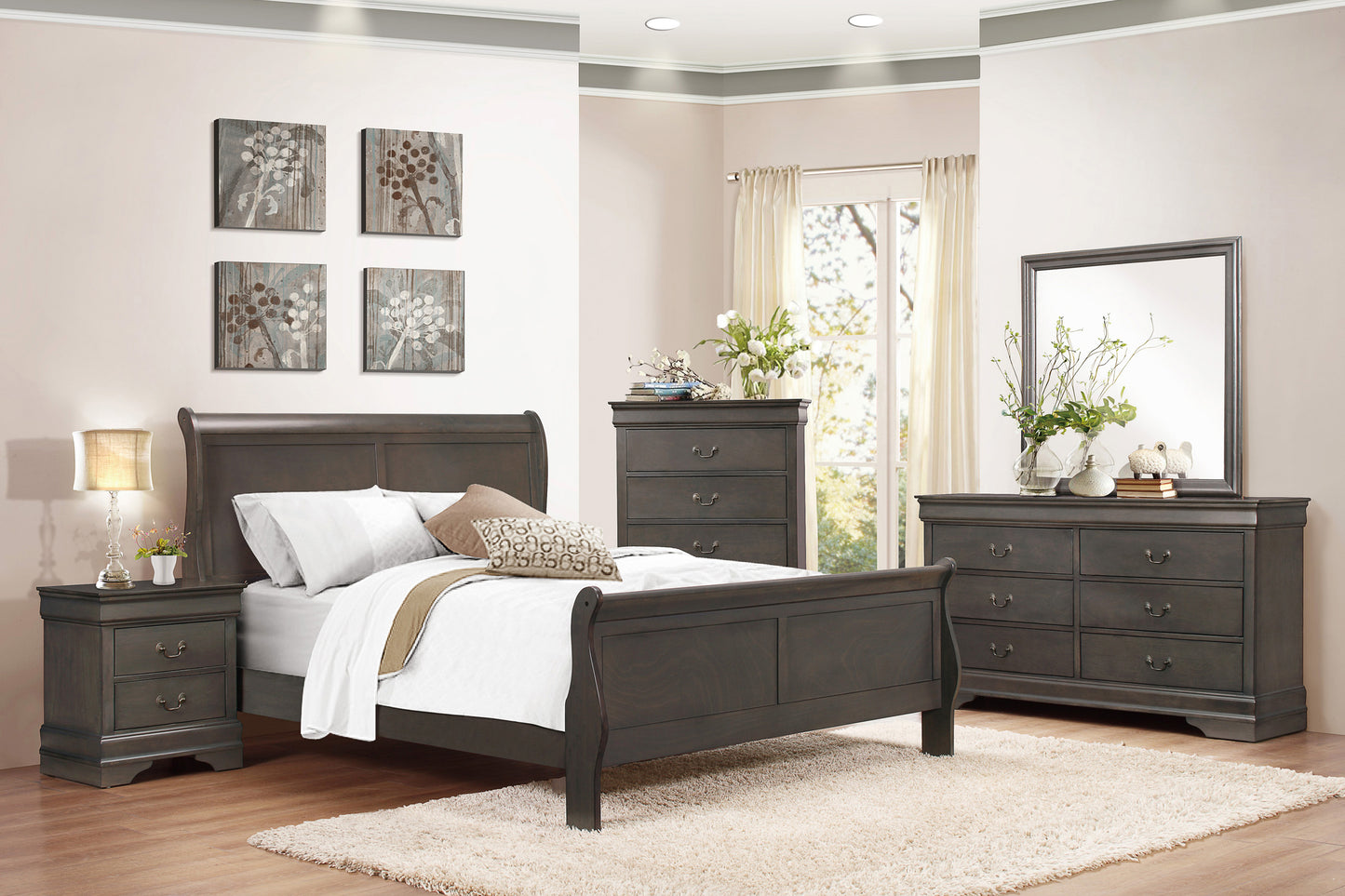 QUEEN GRAY LOUIS PHILIPPE SLEIGH BEDROOM (B,D,M,N)
