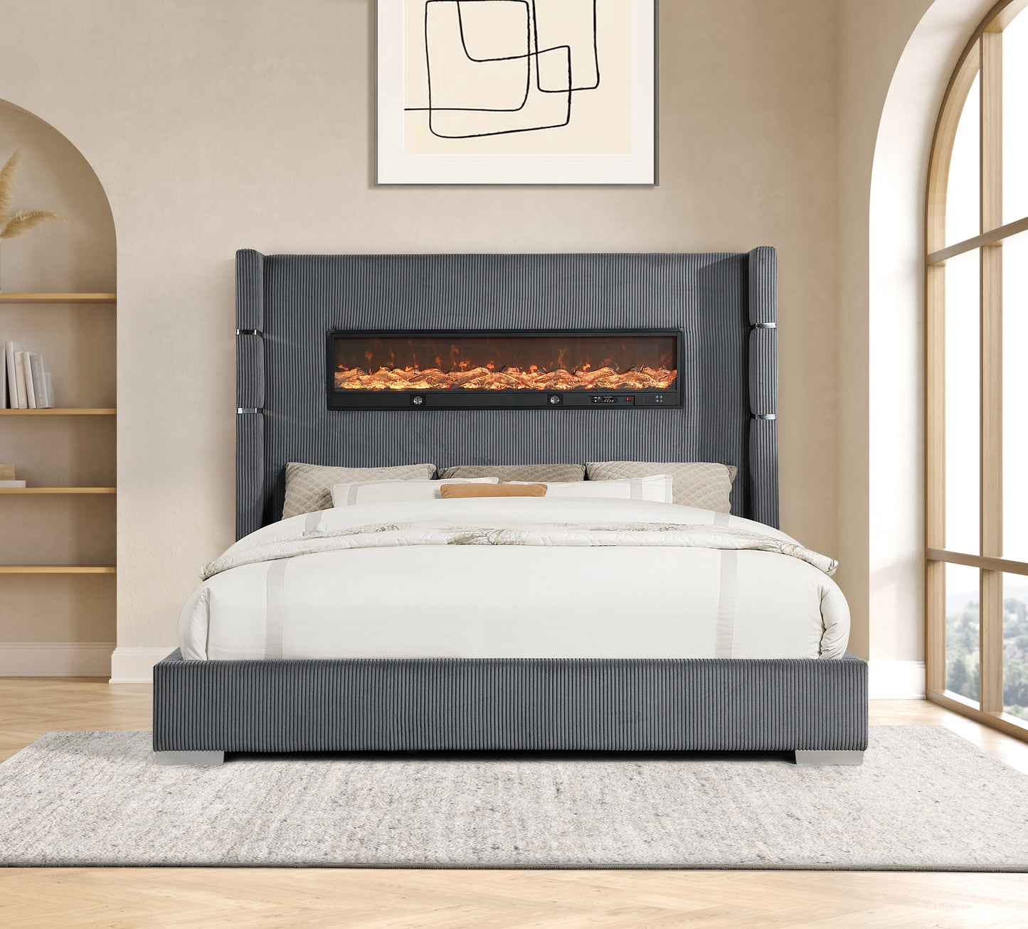 Grey Fireplace King Bed