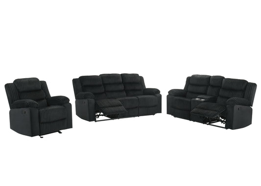 MAX 3 PC CORDUROY RECLINING SOFA, LOVESEAT AND CHAIR BLACK
