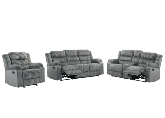 MAX 3 PC CORDUROY RECLINING SOFA, LOVESEAT AND CHAIR GRAY