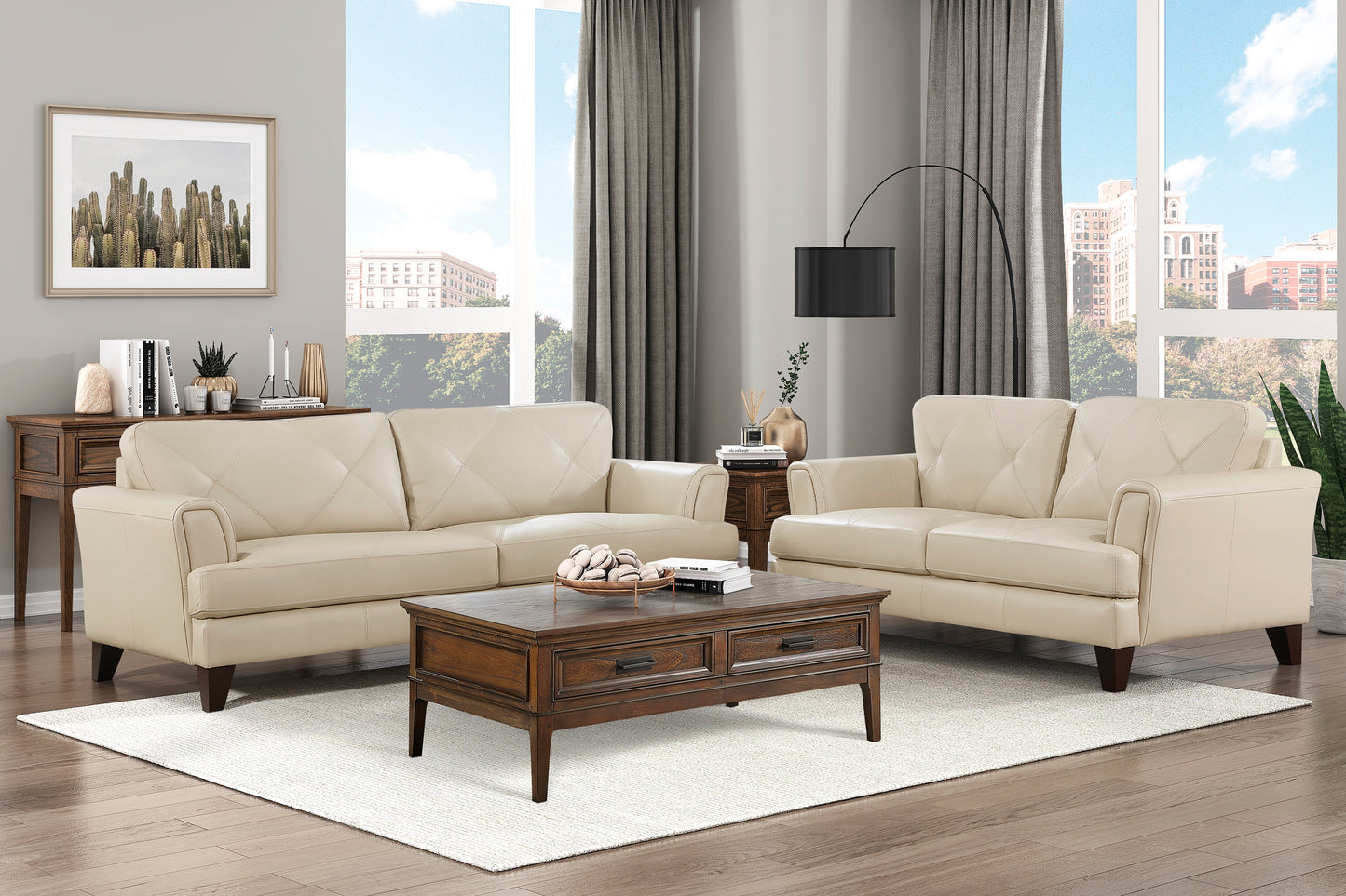 THIERRY COLLECTION 2PC SOFA AND LOVESEAT GENUINE LEATHER CREAM