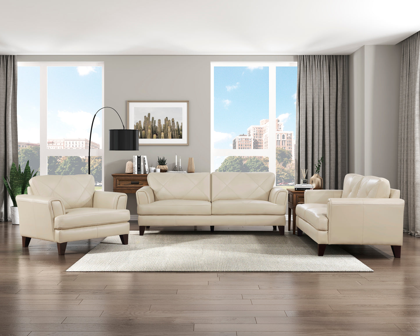 THIERRY COLLECTION 3PC SOFA, LOVESEAT AND CHAIR GENUINE LEATHER CREAM
