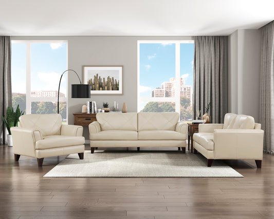 THIERRY COLLECTION 3PC SOFA, LOVESEAT AND CHAIR GENUINE LEATHER CREAM