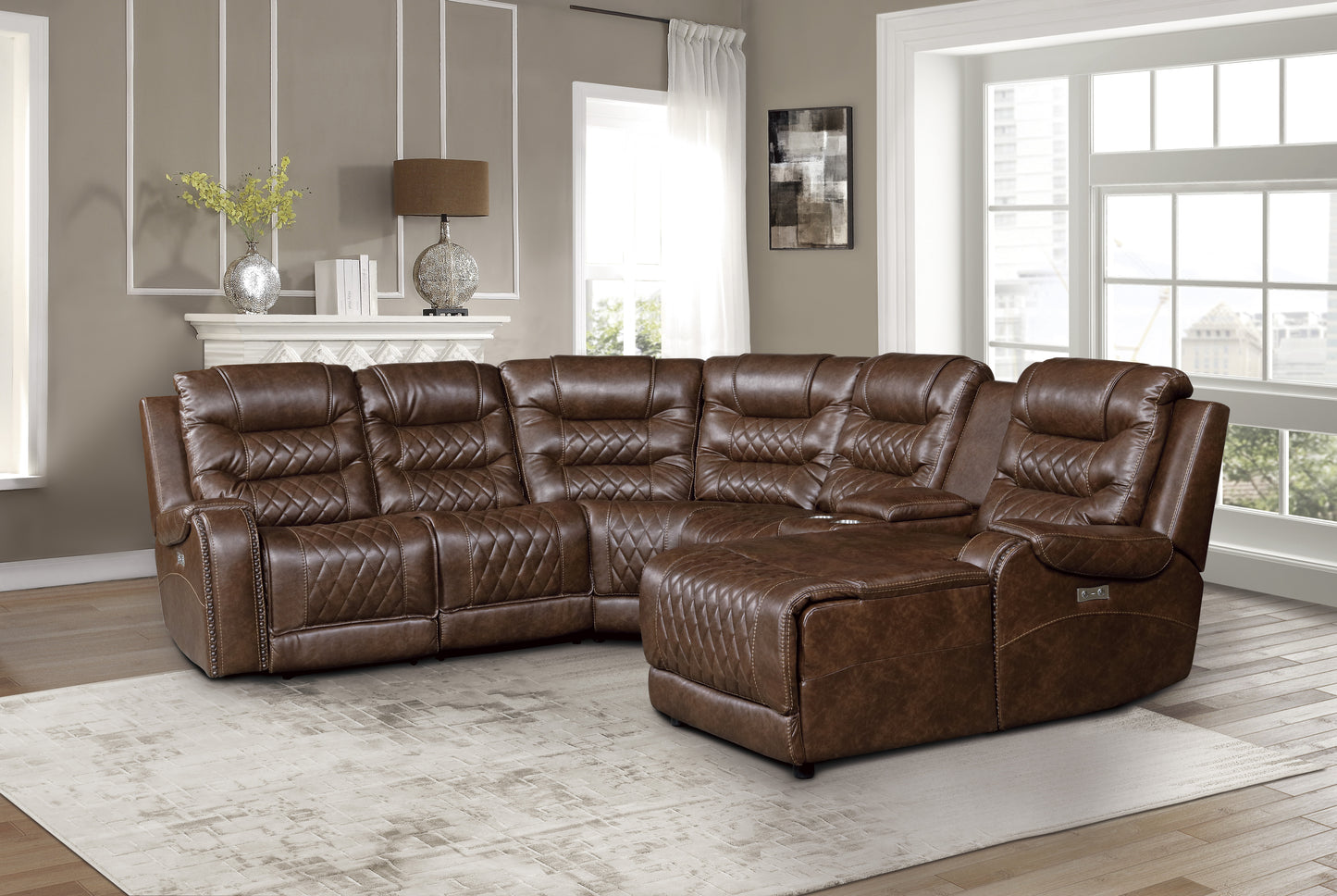 PUTNAM COLLECTION 6-Piece Modular Power Reclining Sectional with Right Chaise Brown