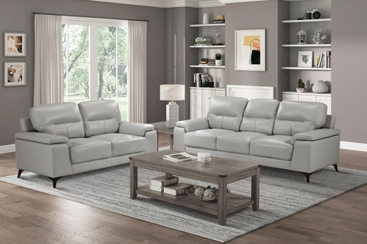 MISCHA COLLECTION 2PC TOP GRAIN LEATHER MATCH SOFA AND LOVESEAT SILVER