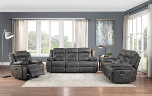 MADRONA HILL COLLECTION 3PC RECLINING SOFA, LOVESEAT AND CHAIR GRAY