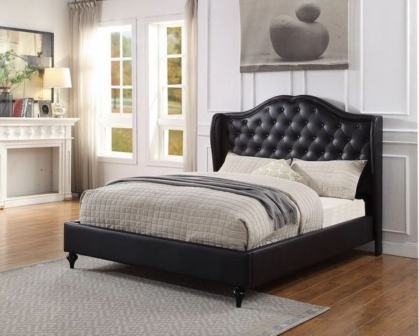 #9311-QN 1PC BUTTON TUFTED BLACK LEATHER PLATFORM BED!!!