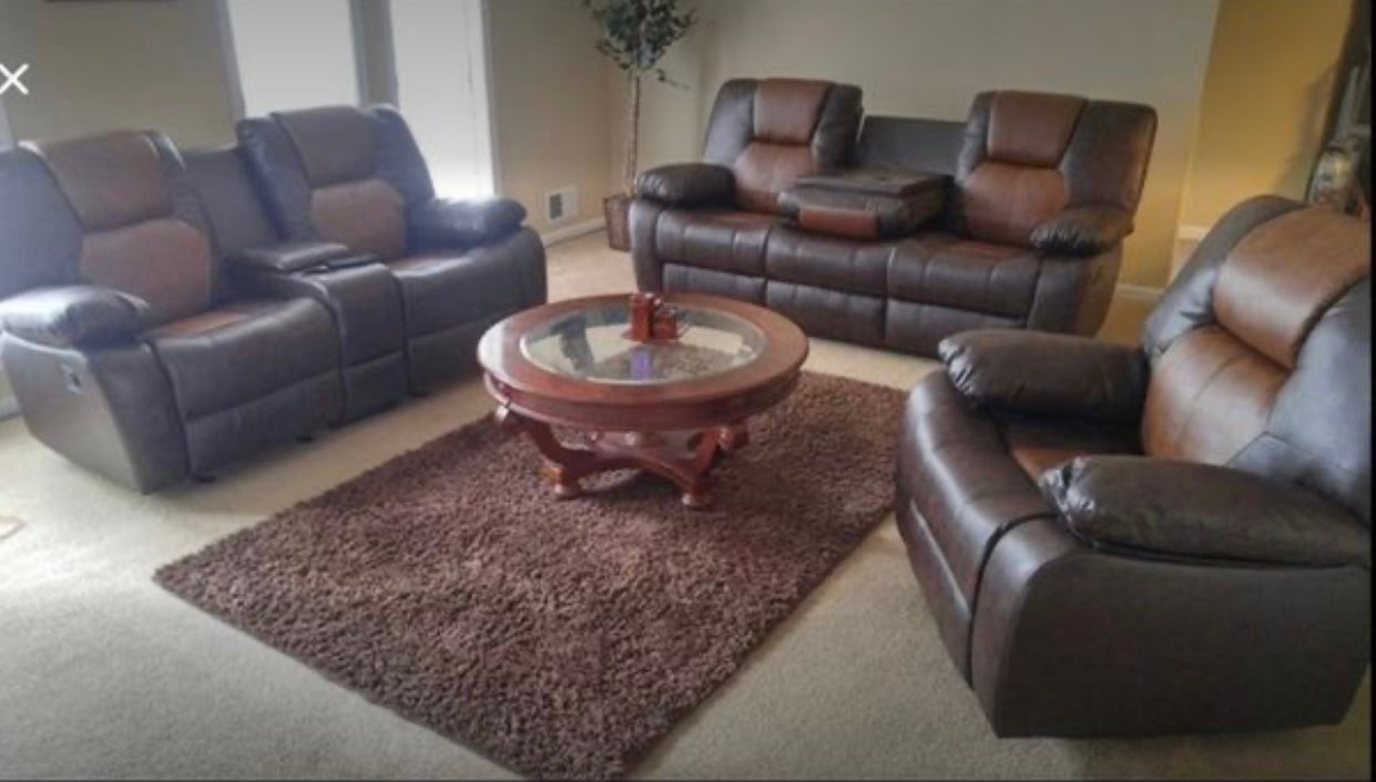 #6338 3PC TWO-TONE BROWN RECLINING SOFA, LOVE & CHAIR