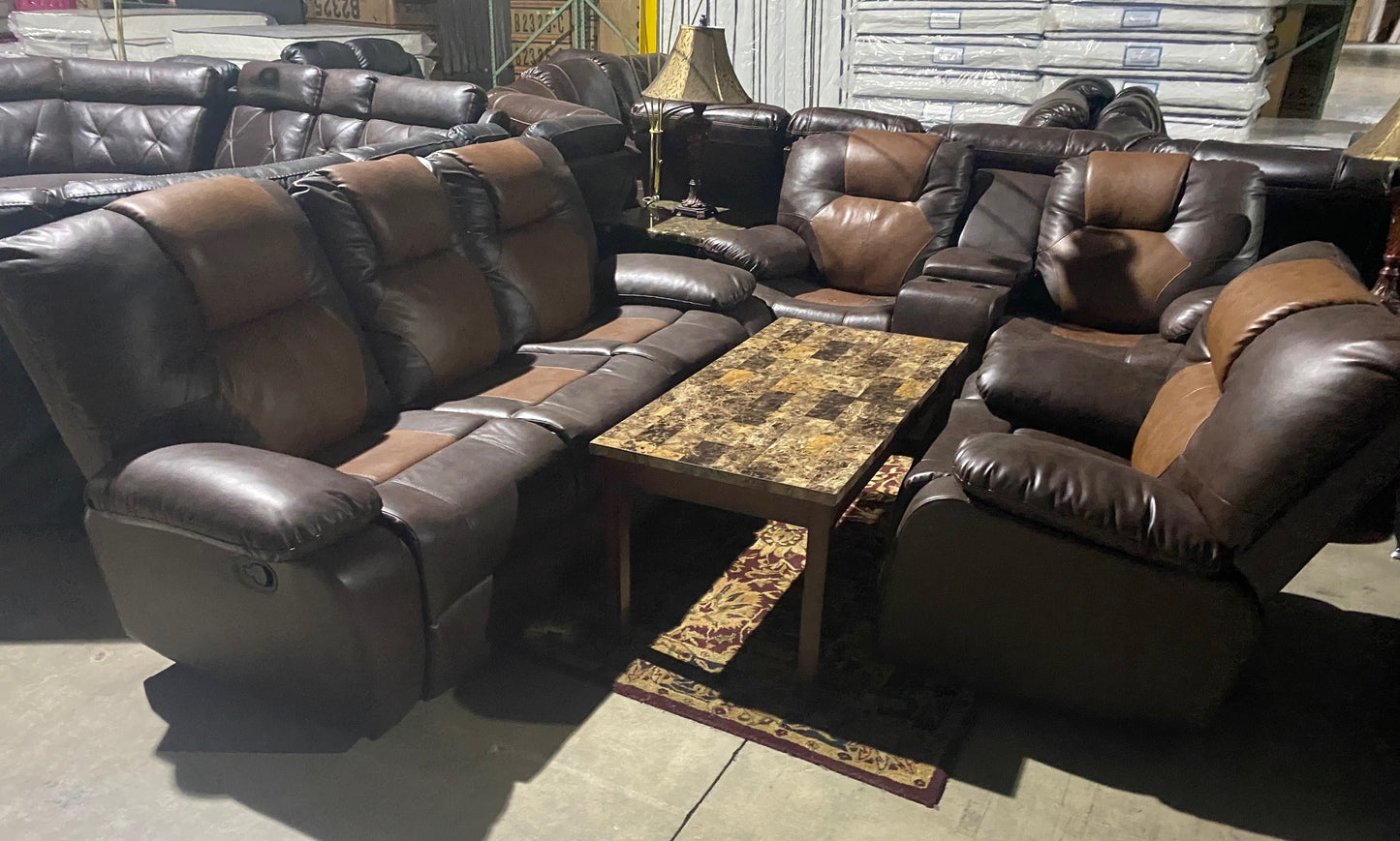 #6338 3PC TWO-TONE BROWN RECLINING SOFA, LOVE & CHAIR