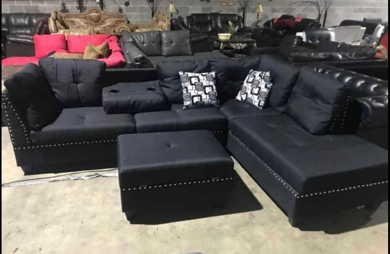 #2888 BLACK LINEN-LIKE SECTIONAL WITH NAIL HEAD & STORAGE OTTOMAN