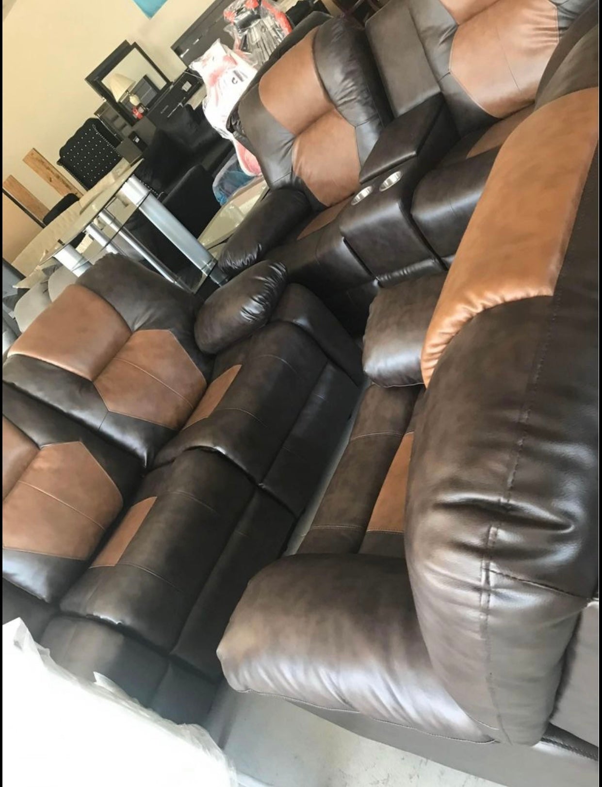 #6338 3PC TWO-TONE BROWN RECLINING SOFA, LOVE & CHAIR