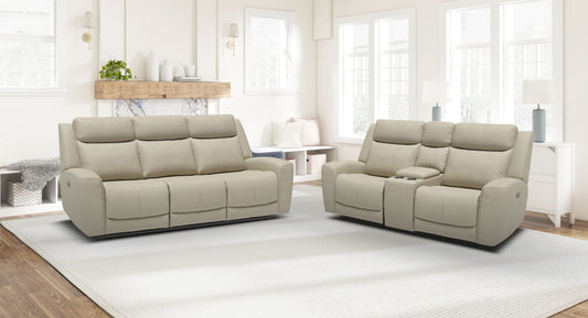 BEIGE GENUINE LEATHER MATCH POWER RECLINING SOFA AND LOVESEAT