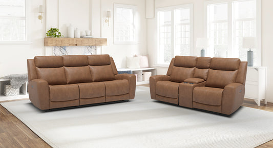 SADDLE GENUINE LEATHER MATCH POWER RECLINING SOFA AND LOVESEAT