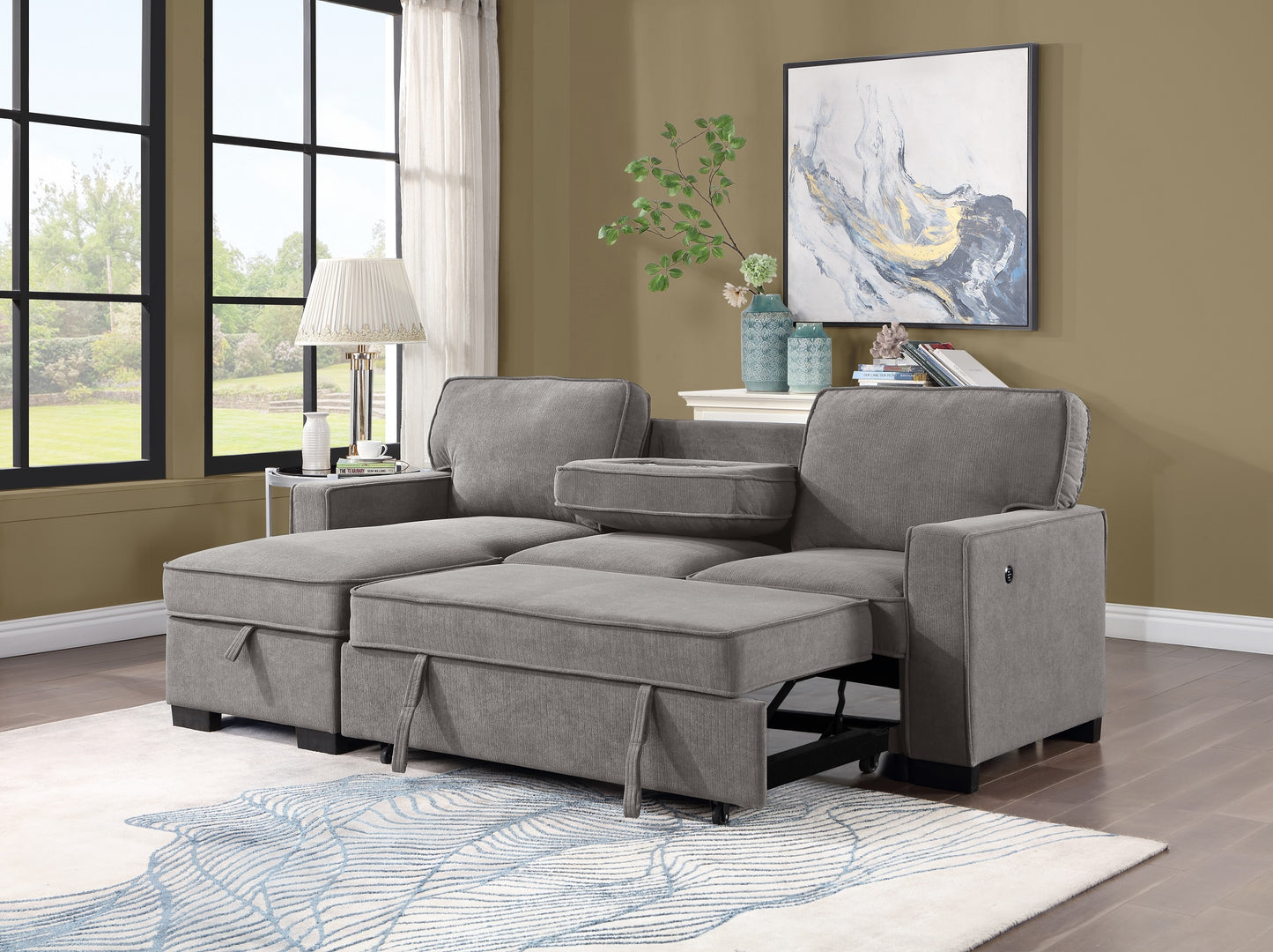 GRAY SLEEPER SECTIONAL WITH STORAGE & CUPHOLDER