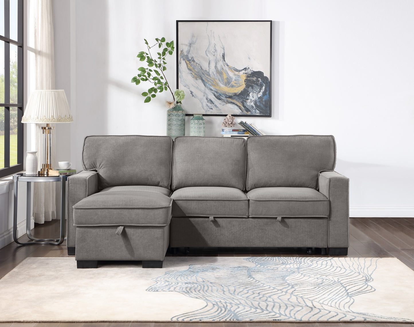 GRAY SLEEPER SECTIONAL WITH STORAGE & CUPHOLDER