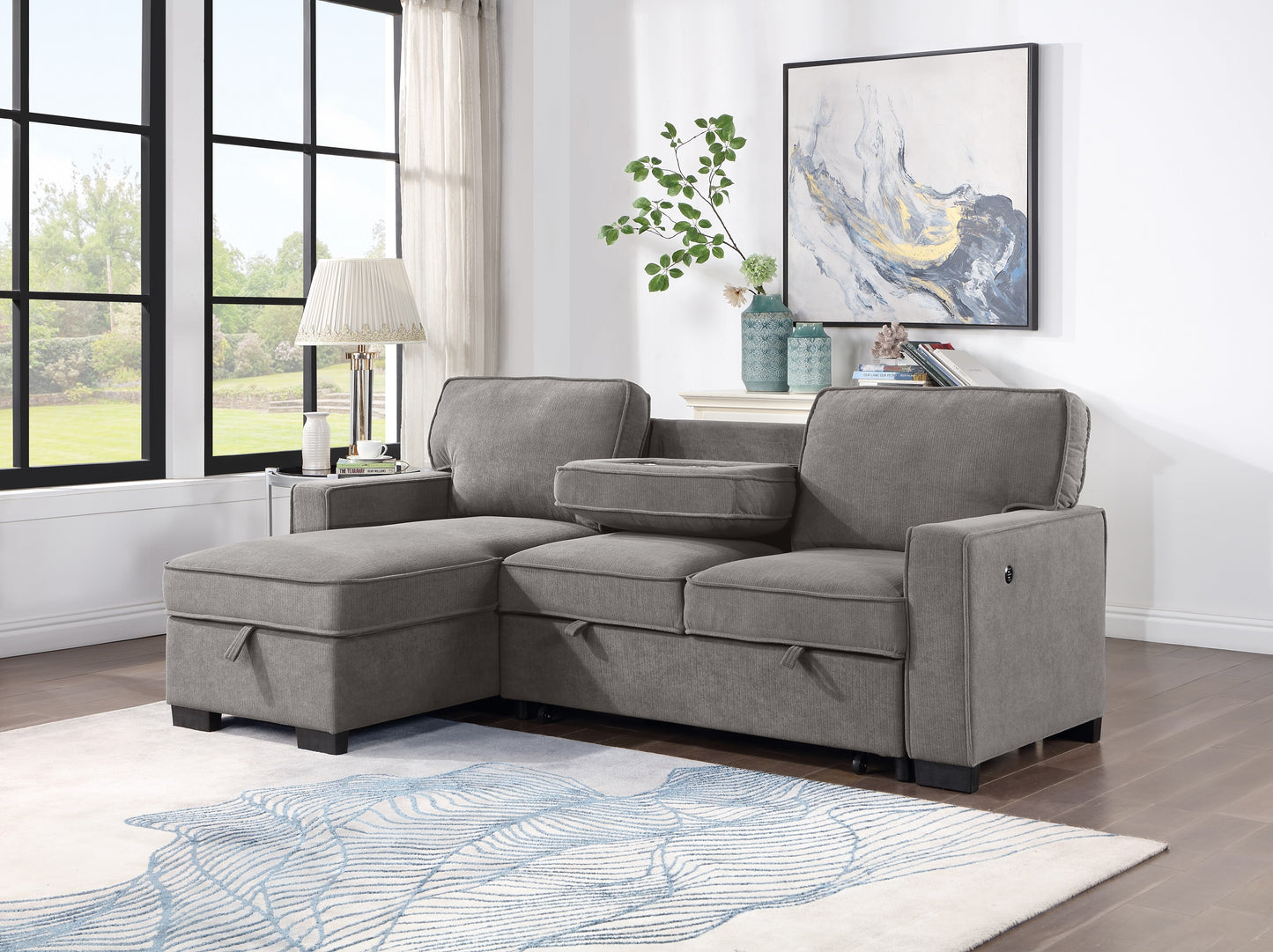 GRAY SLEEPER SECTIONAL WITH STORAGE & CUPHOLDER
