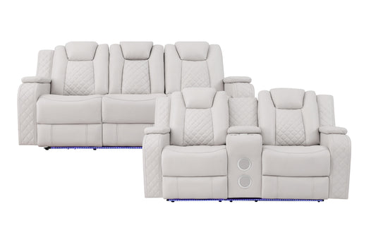 RADIANT COLLECTION GRAY HI-TECH POWER RECLINING 2 PC SOFA AND LOVESEAT WITH LED & SPEAKERS GRAY-WHITE