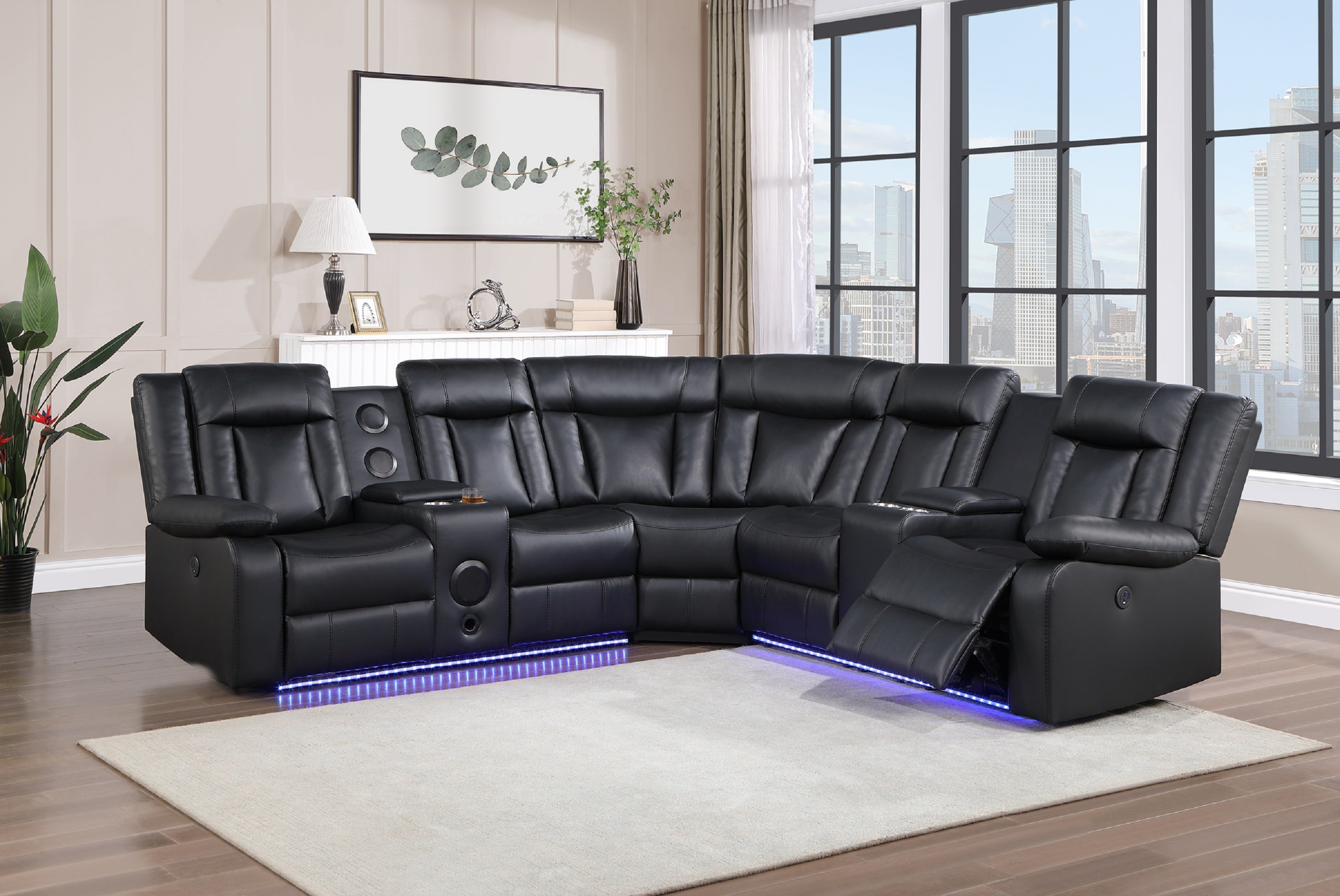 SPLENDOR COLLECTION BLACK POWER RECLINING SECTIONAL WITH LED & SPEAKER ...