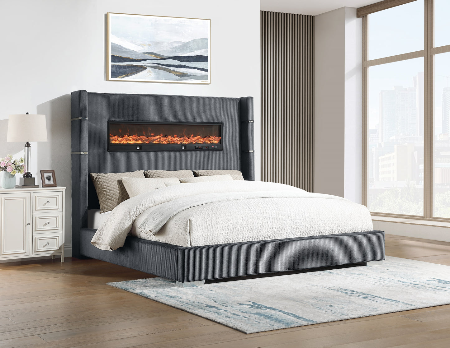 Grey Fireplace King Bed